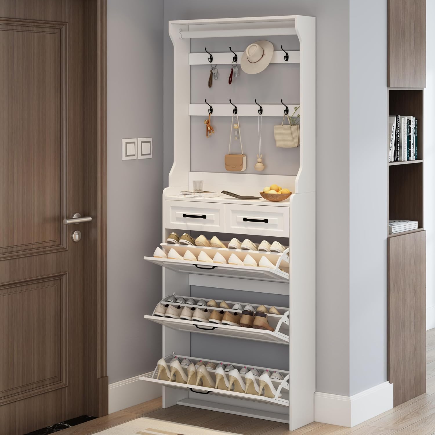 Shoe Rack Cabinet Narrow Entryway - Tall Shoe Cabinet 3 Flip Drawers