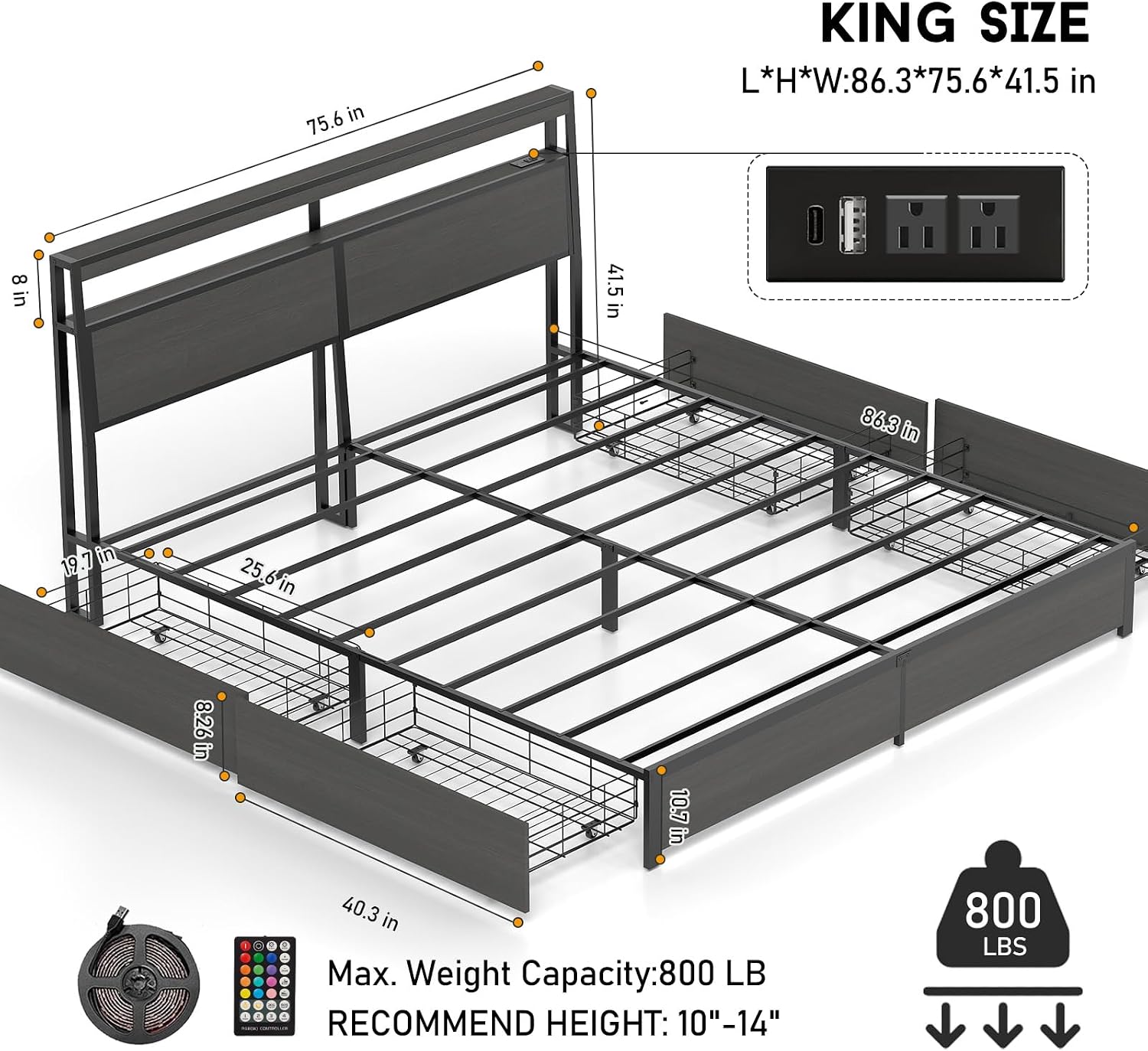 King Size Bed Frame with LED L - King Size Bed Frame With Storage Drawers ulasan dan harga