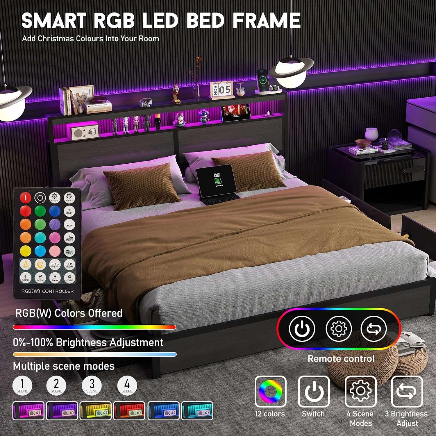 King Size Bed Frame with LED L - King Size Bed Frame With Storage Drawers ulasan dan harga